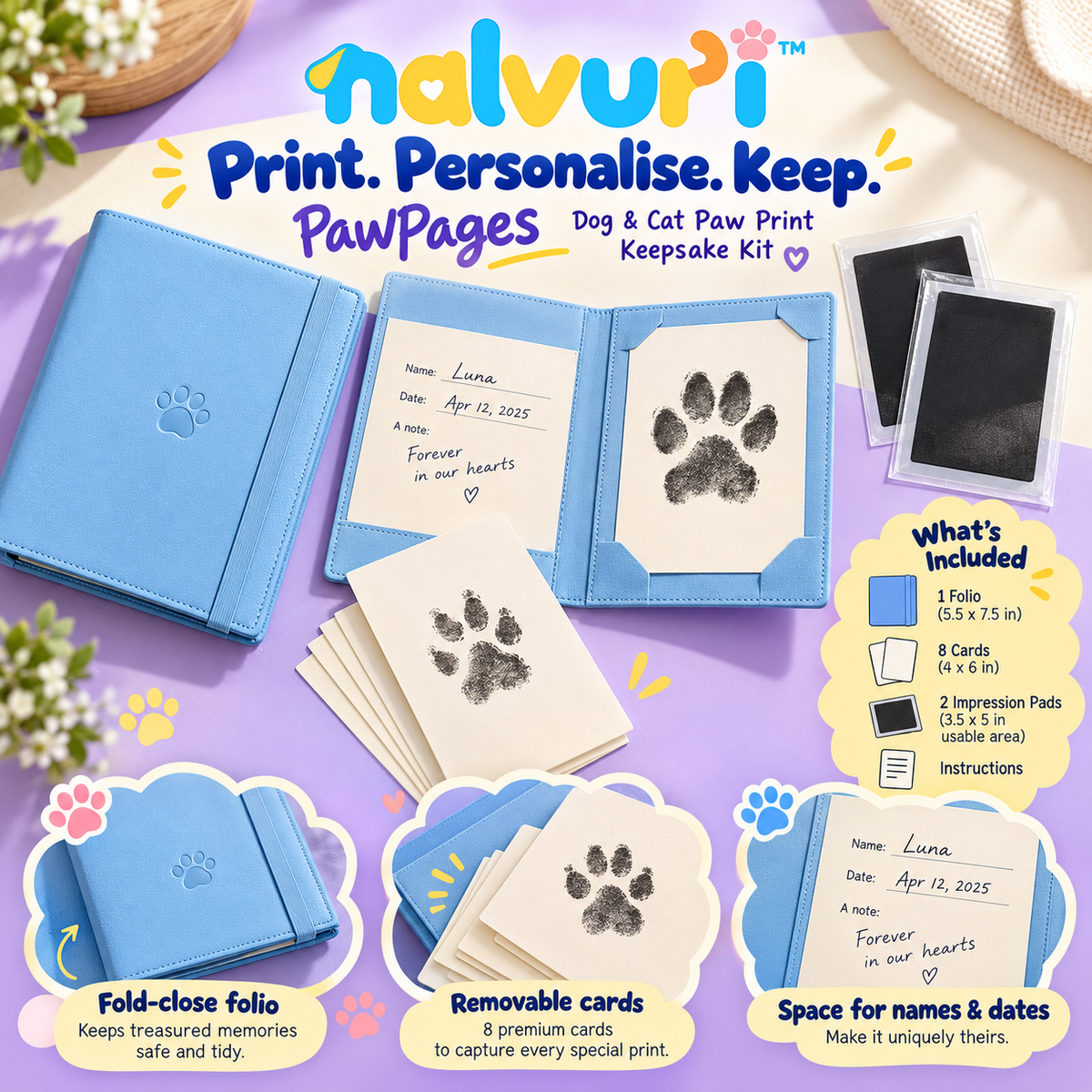 nalvuri™ PawPages Dog & Cat Paw Print Keepsake Kit, Two No-Ink-Contact Pads, Eight Cards & Memory Folio