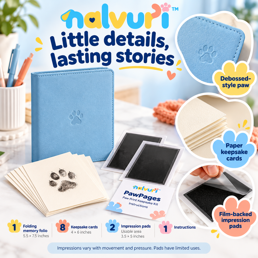 nalvuri™ PawPages Dog & Cat Paw Print Keepsake Kit, Two No-Ink-Contact Pads, Eight Cards & Memory Folio