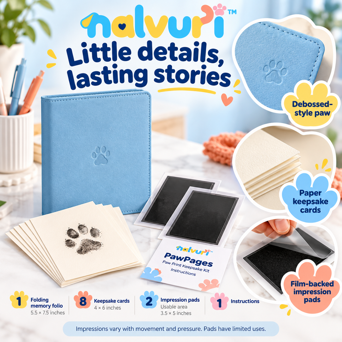 nalvuri™ PawPages Dog & Cat Paw Print Keepsake Kit, Two No-Ink-Contact Pads, Eight Cards & Memory Folio