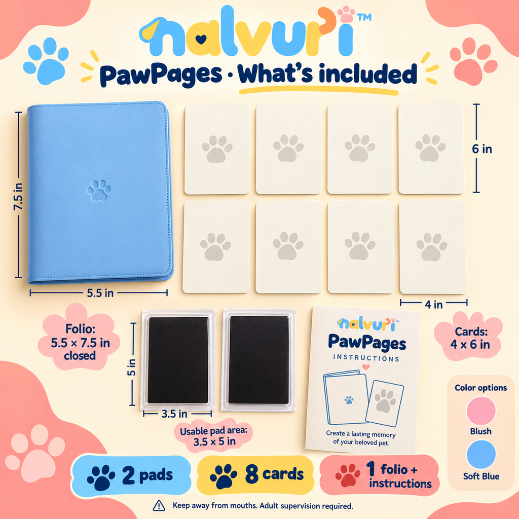 nalvuri™ PawPages Dog & Cat Paw Print Keepsake Kit, Two No-Ink-Contact Pads, Eight Cards & Memory Folio