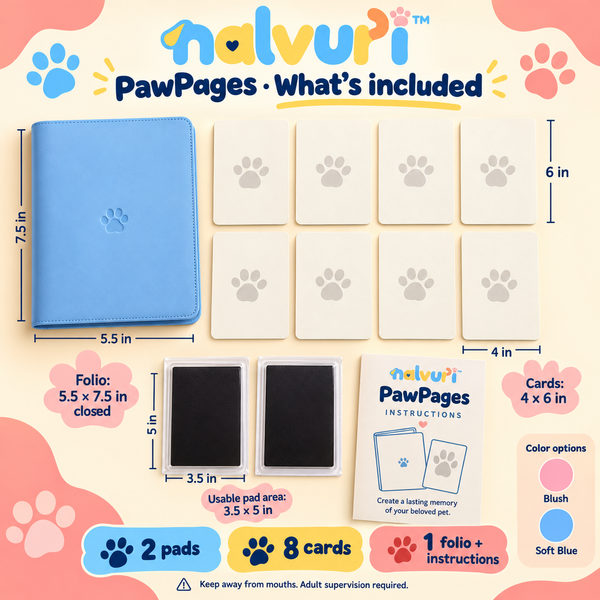 nalvuri™ PawPages Dog & Cat Paw Print Keepsake Kit, Two No-Ink-Contact Pads, Eight Cards & Memory Folio